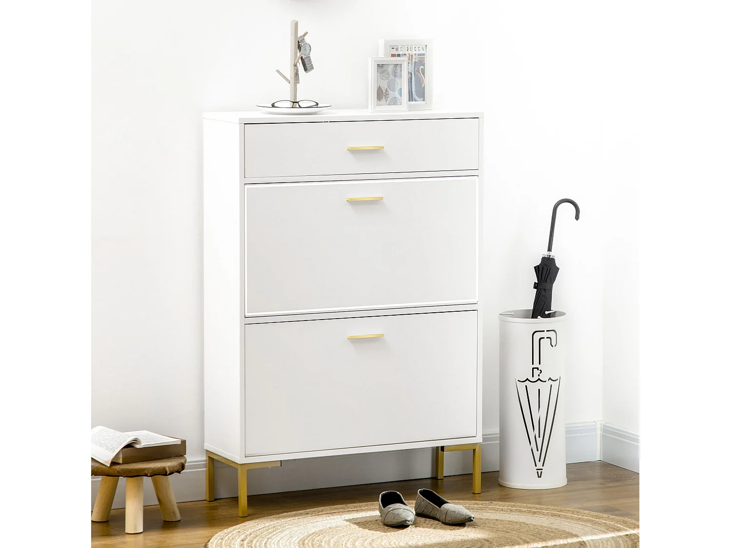Suto Slim White Shoe Cabinet with 3 Drawers for 12 Pairs