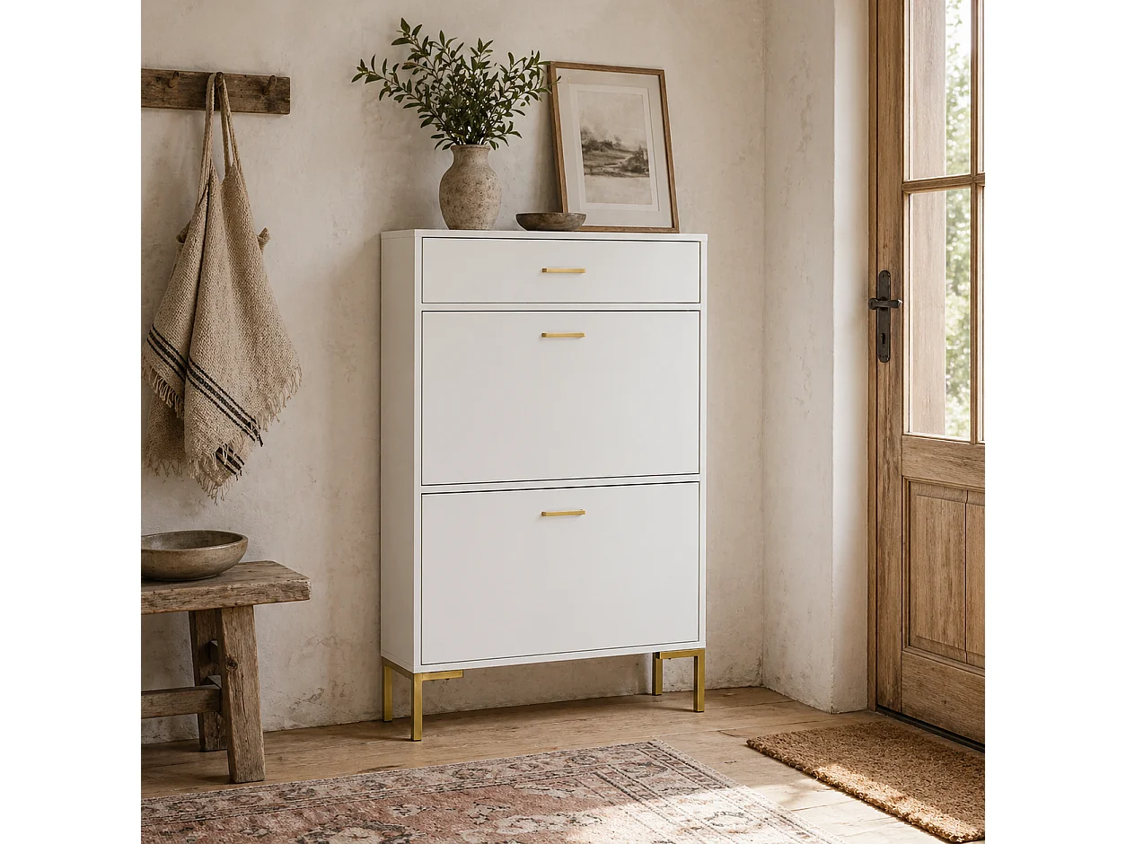 Suto Slim White Shoe Cabinet with 3 Drawers for 12 Pairs