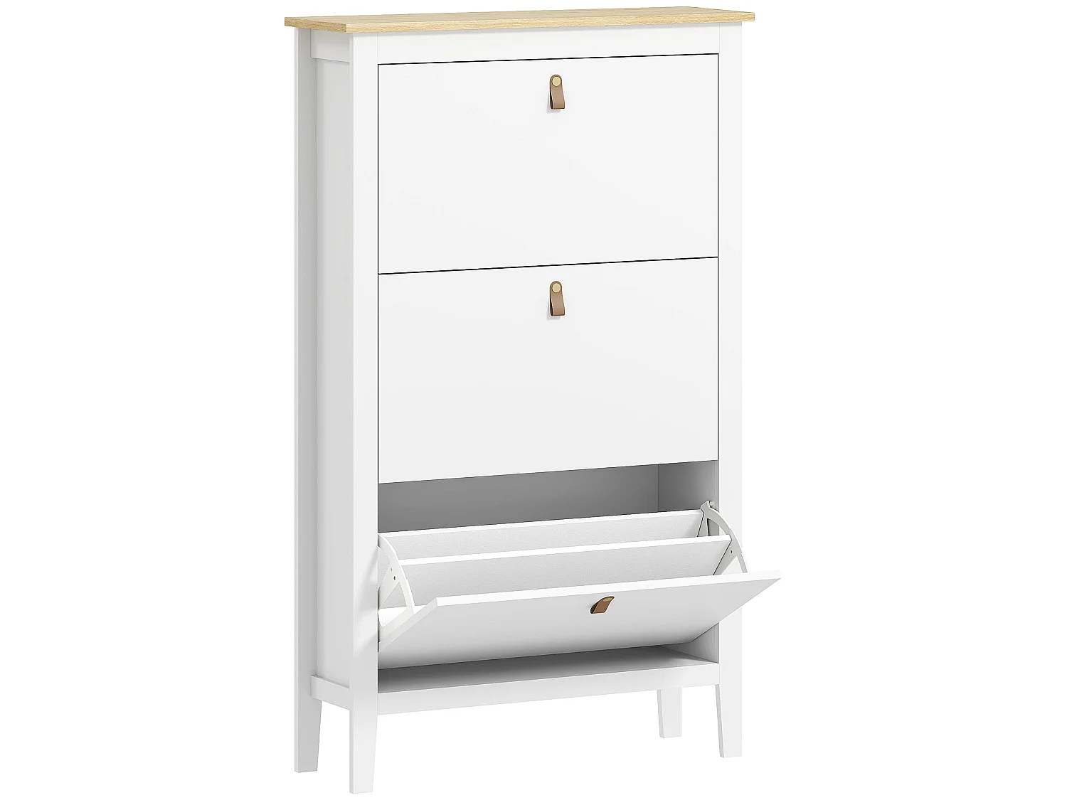 Makeve 3 Drawer Shoe Cabinet White and Oak Effect with Faux Leather Handles