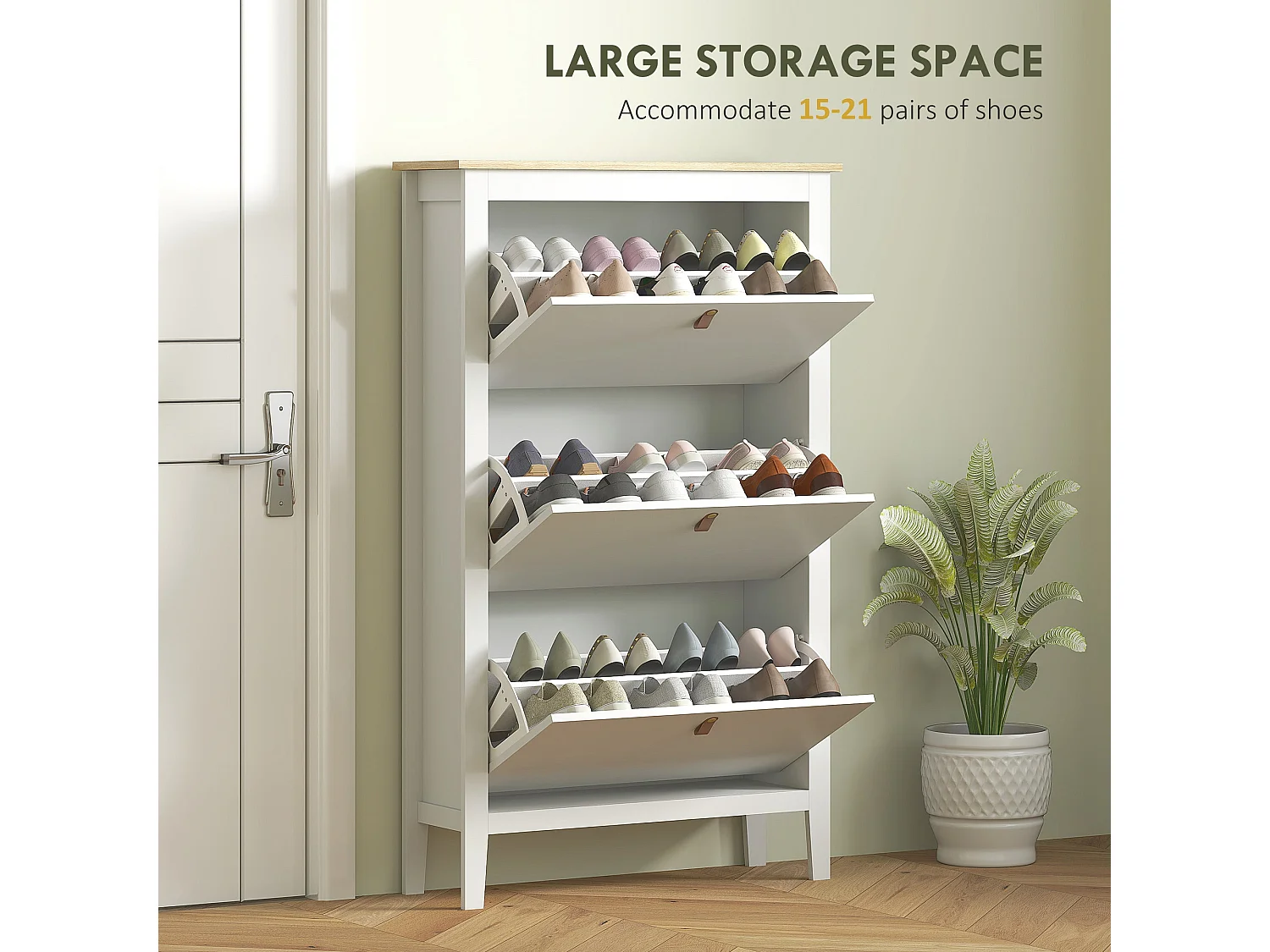 Makeve 3 Drawer Shoe Cabinet White and Oak Effect with Faux Leather Handles
