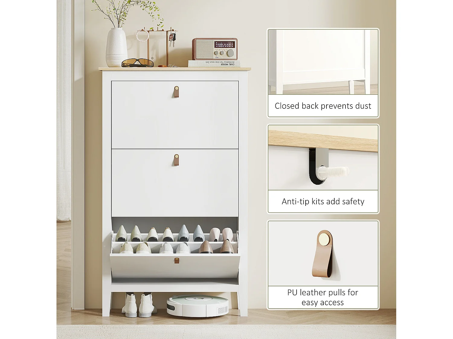 Makeve 3 Drawer Shoe Cabinet White and Oak Effect with Faux Leather Handles