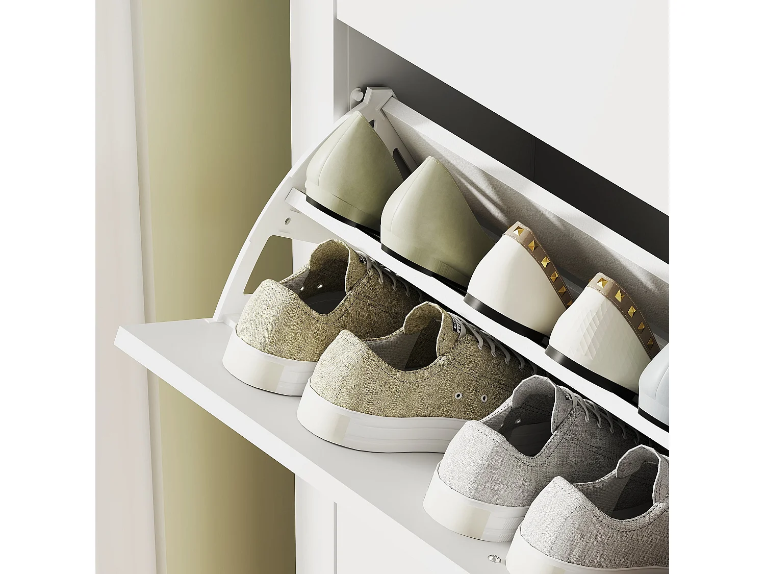 Makeve 3 Drawer Shoe Cabinet White and Oak Effect with Faux Leather Handles