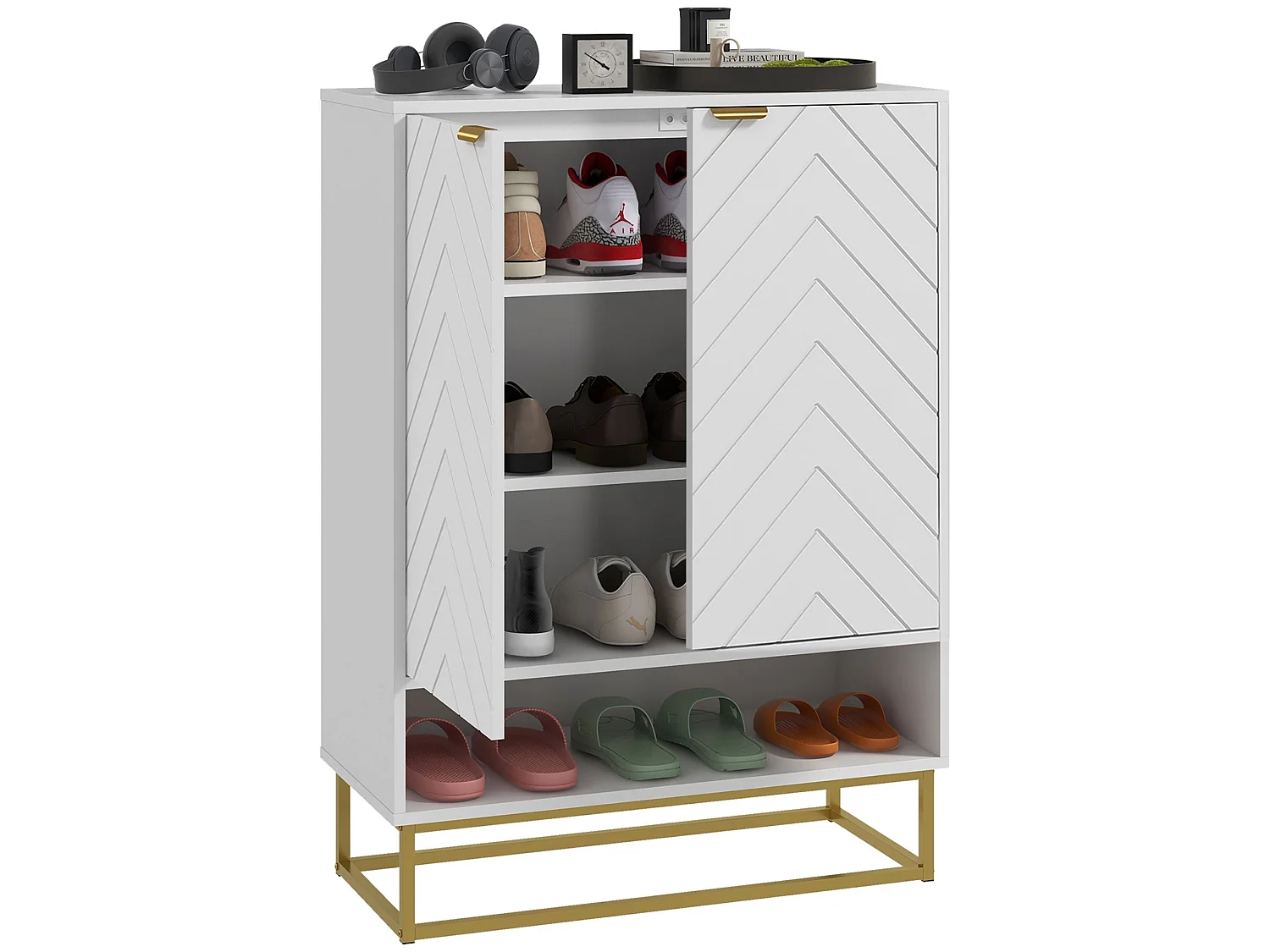 Cosu White Chevron Shoe Cabinet with Bottom Shelf and Gold Accents Holds Up to 12 Pairs