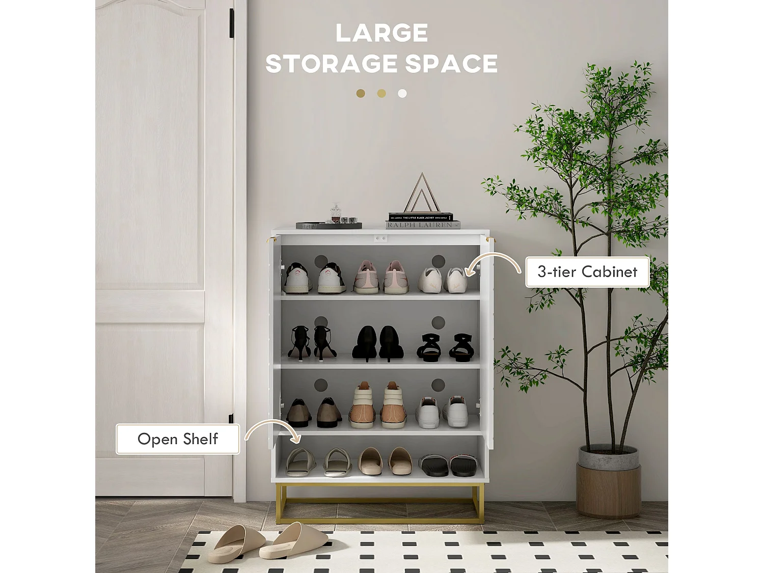 Cosu White Chevron Shoe Cabinet with Bottom Shelf and Gold Accents Holds Up to 12 Pairs