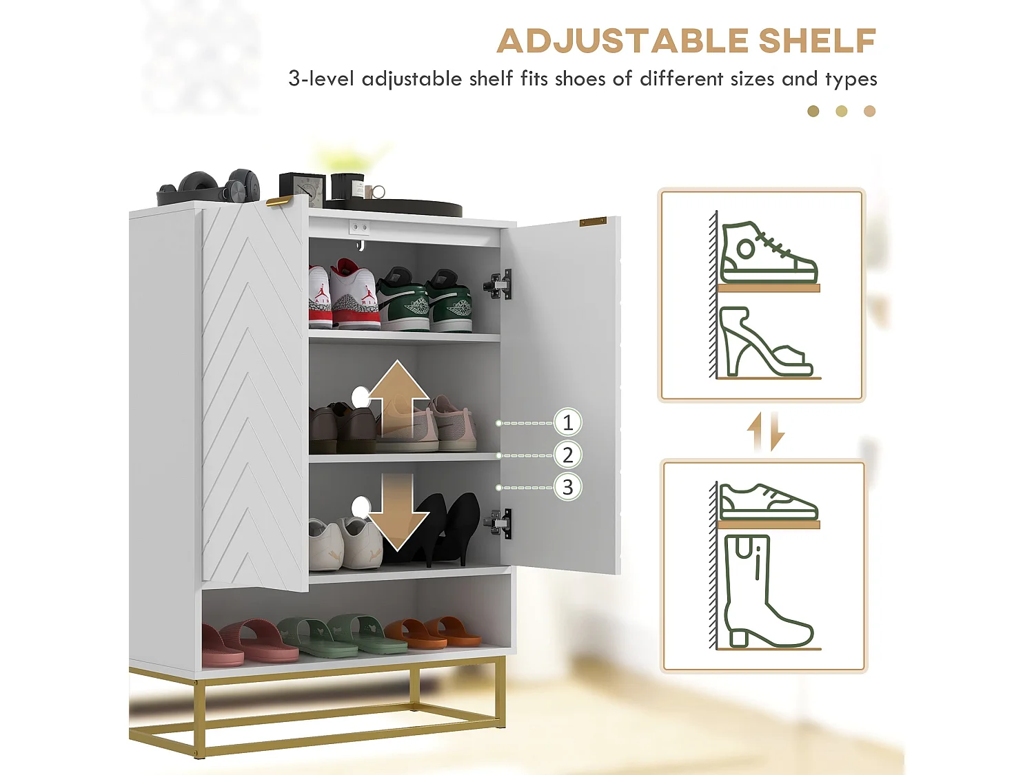 Cosu White Chevron Shoe Cabinet with Bottom Shelf and Gold Accents Holds Up to 12 Pairs
