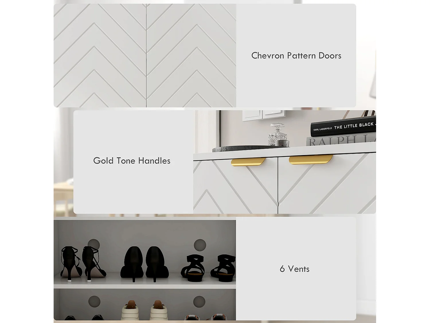 Cosu White Chevron Shoe Cabinet with Bottom Shelf and Gold Accents Holds Up to 12 Pairs