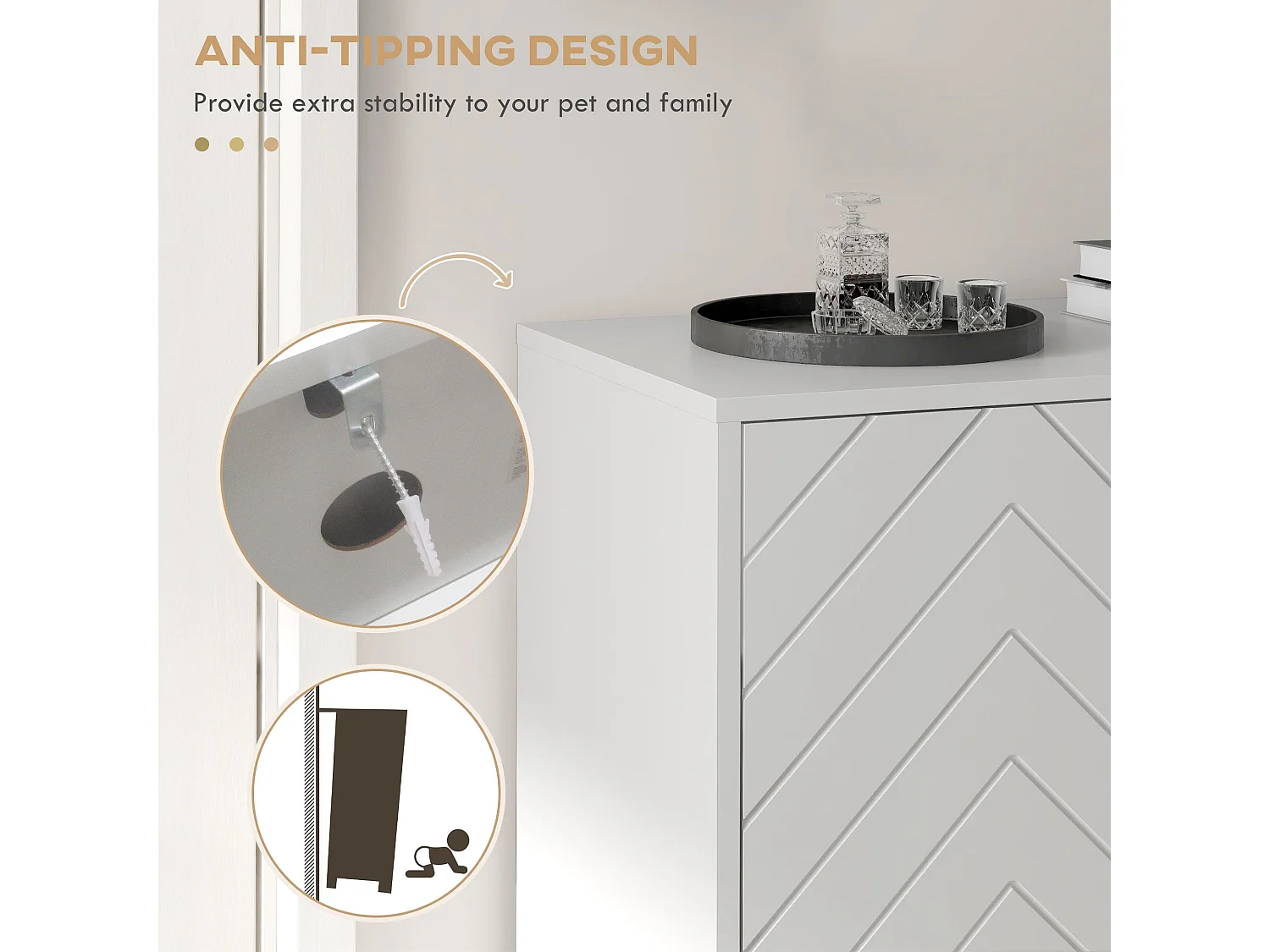 Cosu White Chevron Shoe Cabinet with Bottom Shelf and Gold Accents Holds Up to 12 Pairs