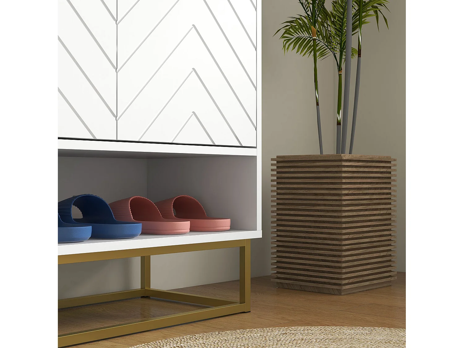 Cosu White Chevron Shoe Cabinet with Bottom Shelf and Gold Accents Holds Up to 12 Pairs