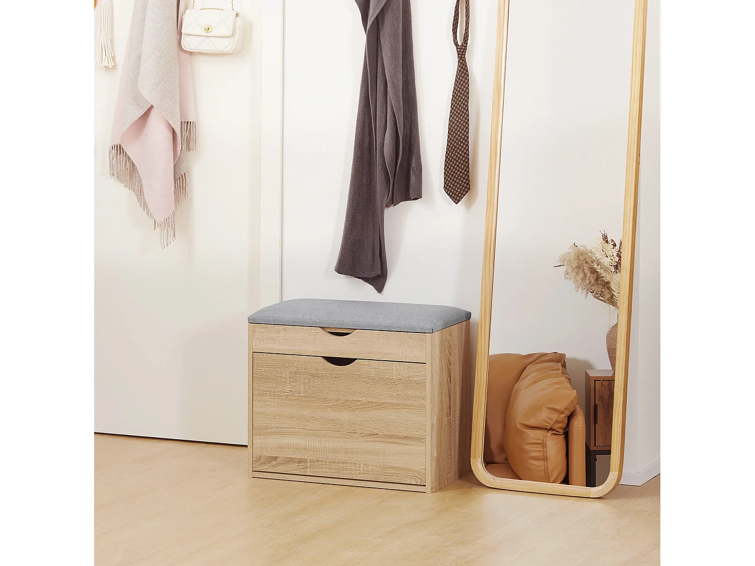 Zielma Natural Wood Effect Shoe Bench Flip Up Storage Grey Cushioned Seat