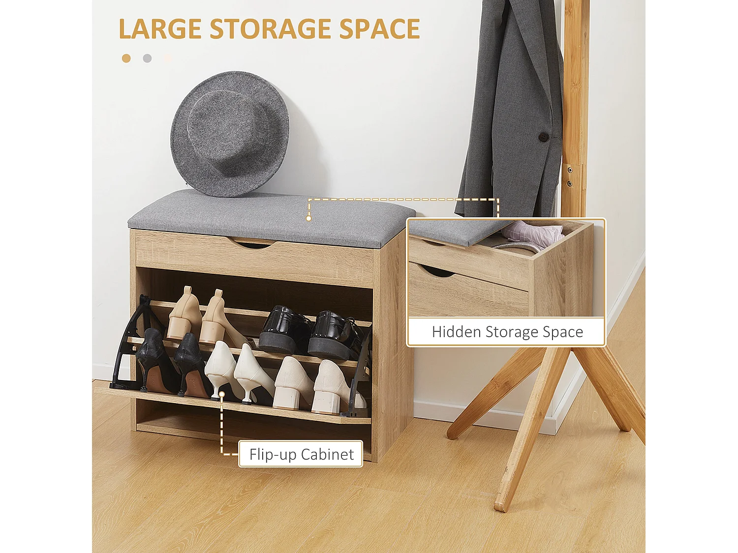 Zielma Natural Wood Effect Shoe Bench Flip Up Storage Grey Cushioned Seat