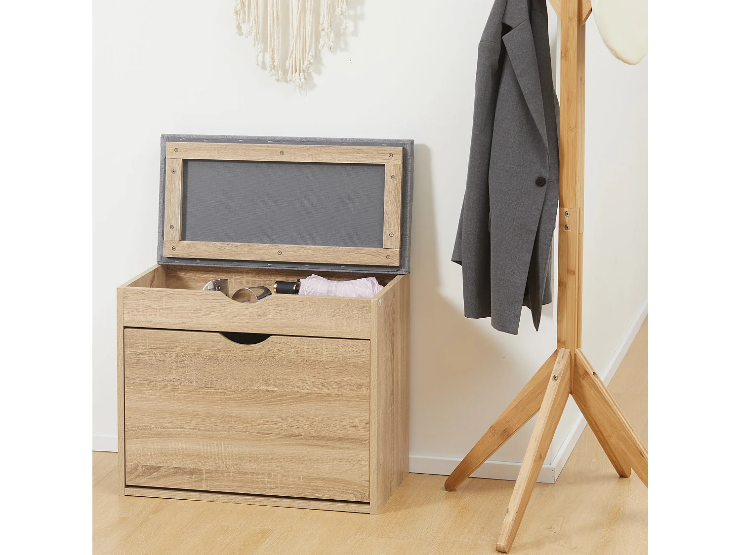 Zielma Natural Wood Effect Shoe Bench Flip Up Storage Grey Cushioned Seat