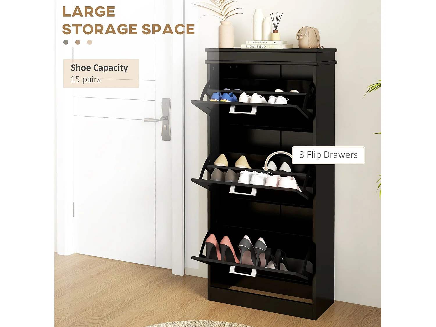 Kaso Black Minimal 3 Drawer Shoe Cabinet