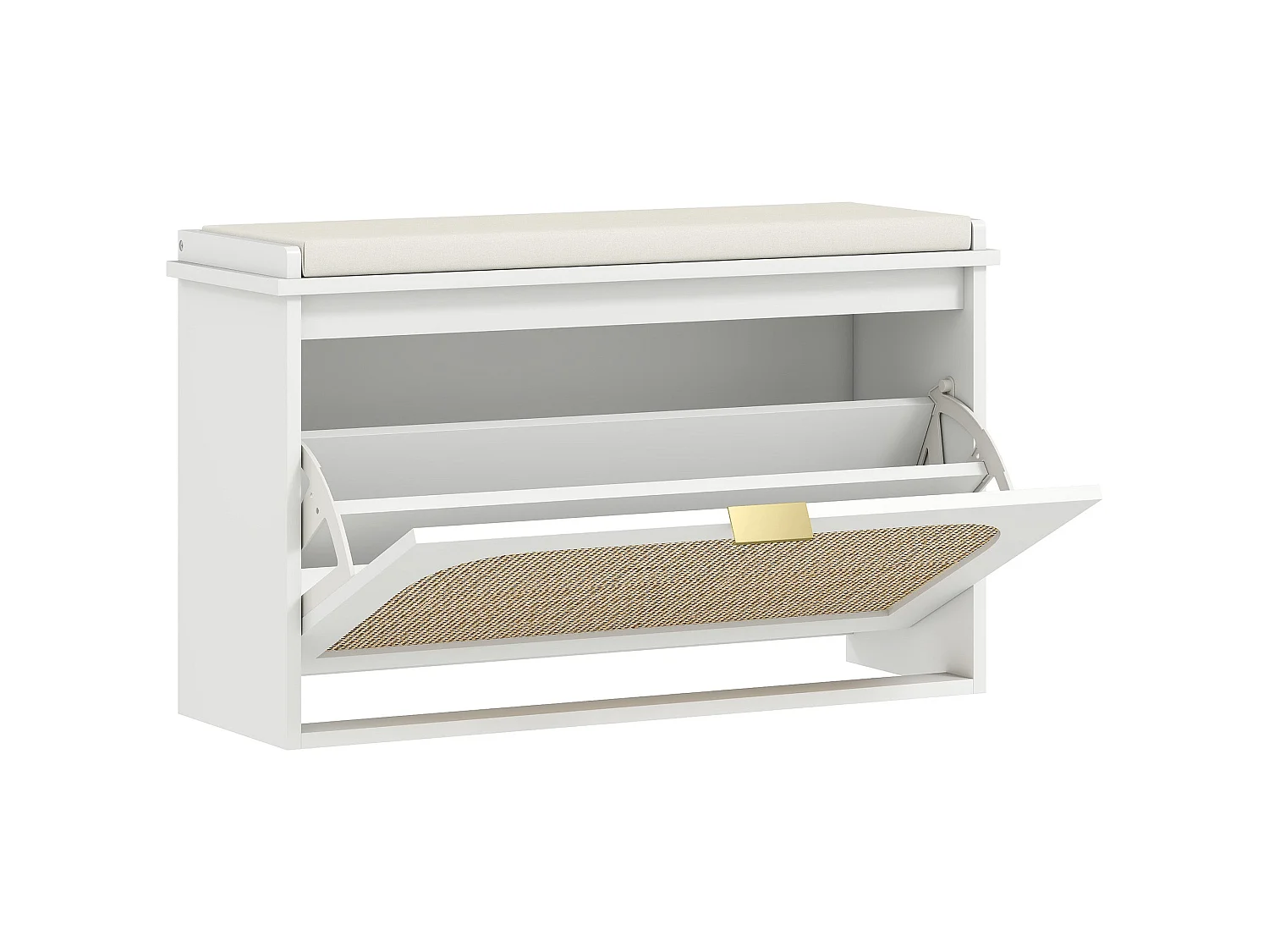 Kekami White Boho Shoe Bench with Cushioned Seat and Rattan Style Flip Door