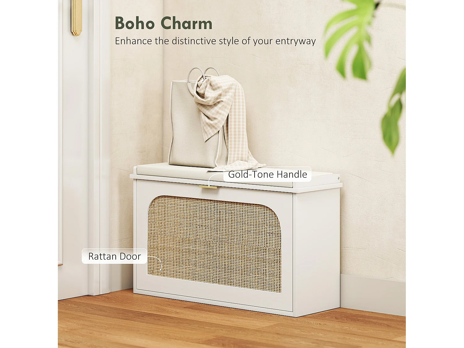 Kekami White Boho Shoe Bench with Cushioned Seat and Rattan Style Flip Door
