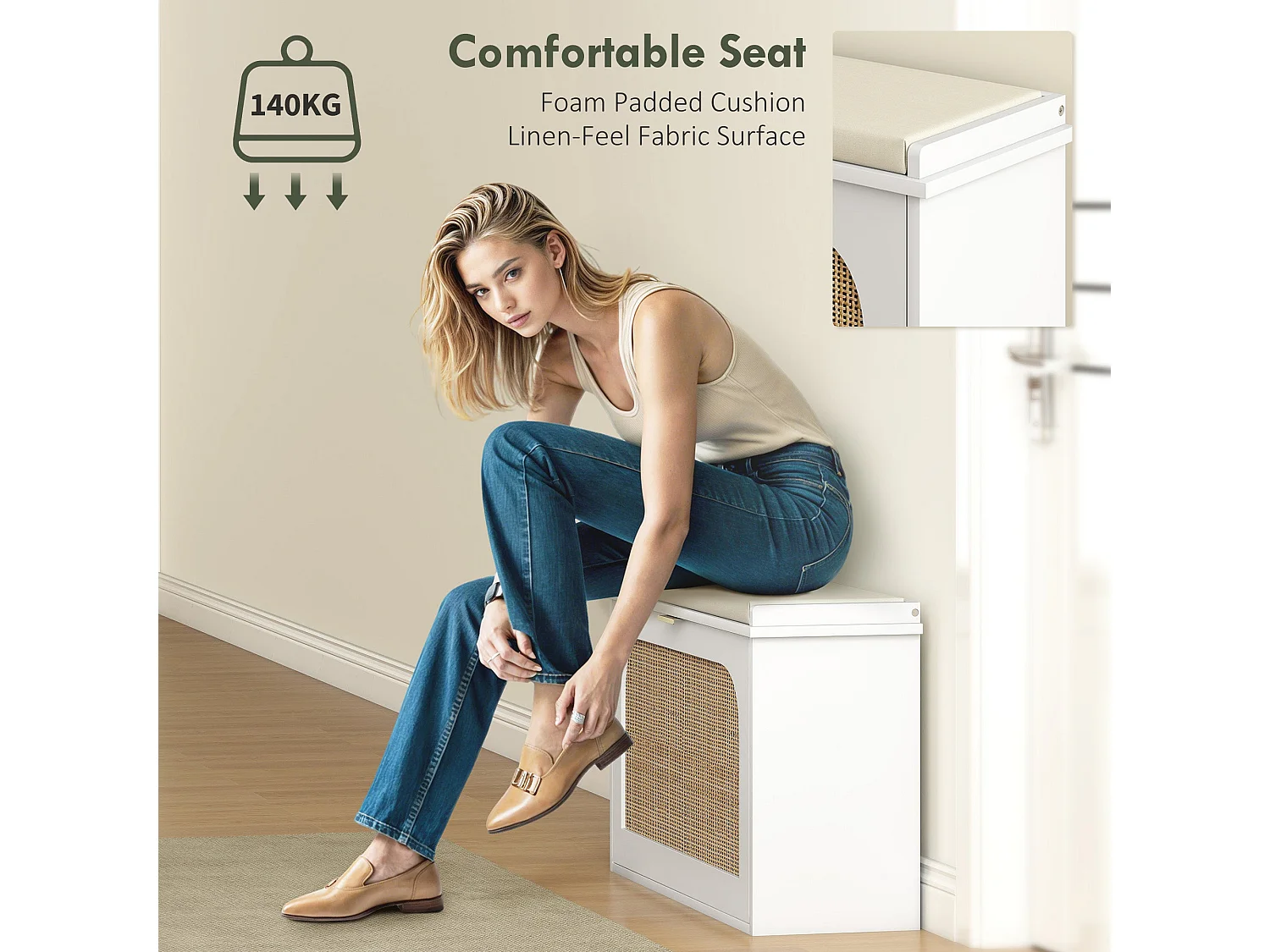 Kekami White Boho Shoe Bench with Cushioned Seat and Rattan Style Flip Door