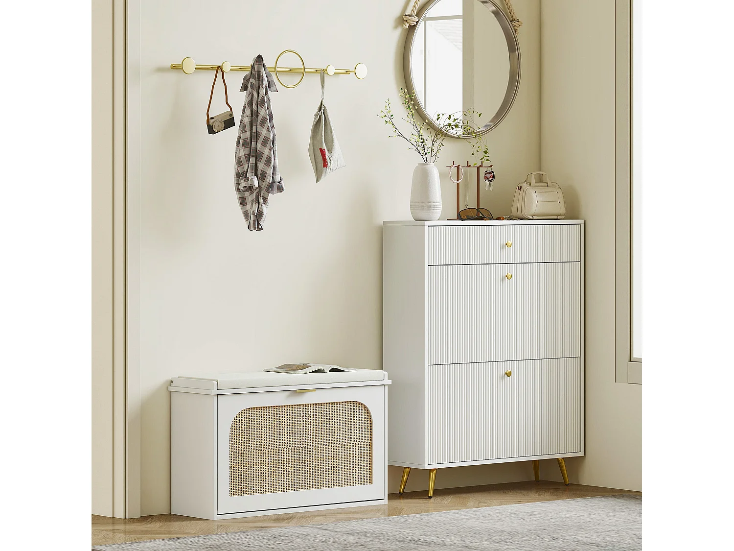 Kekami White Boho Shoe Bench with Cushioned Seat and Rattan Style Flip Door