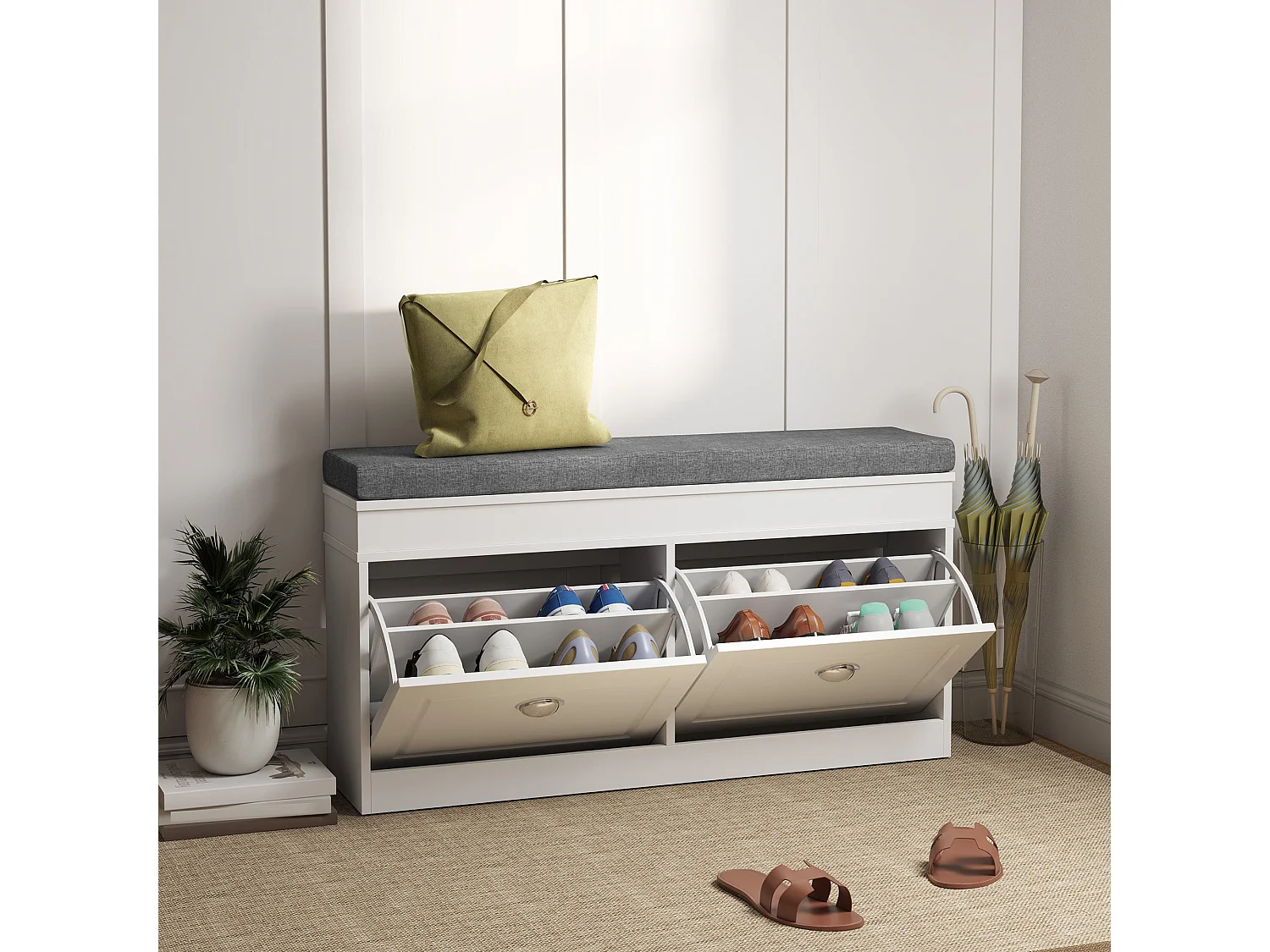 Nedola White Shoe Storage Bench with Cushioned Seat 2 Flip Drawers