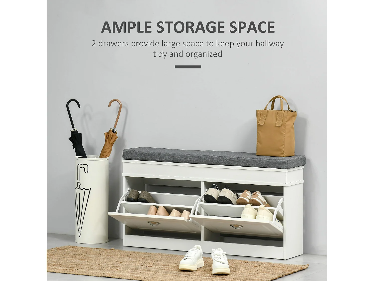 Nedola White Shoe Storage Bench with Cushioned Seat 2 Flip Drawers