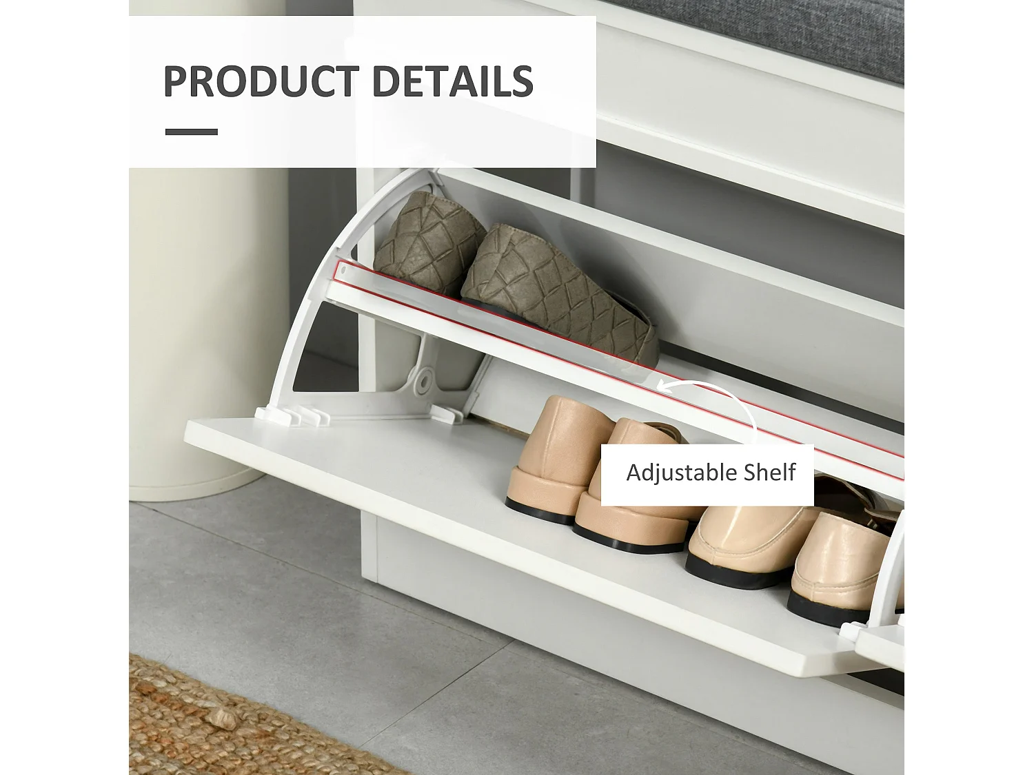 Nedola White Shoe Storage Bench with Cushioned Seat 2 Flip Drawers