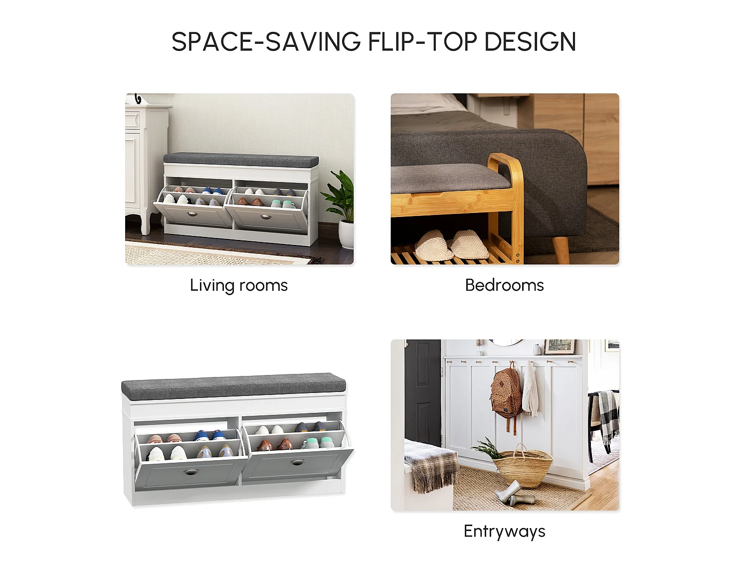Nedola White Shoe Storage Bench with Cushioned Seat 2 Flip Drawers