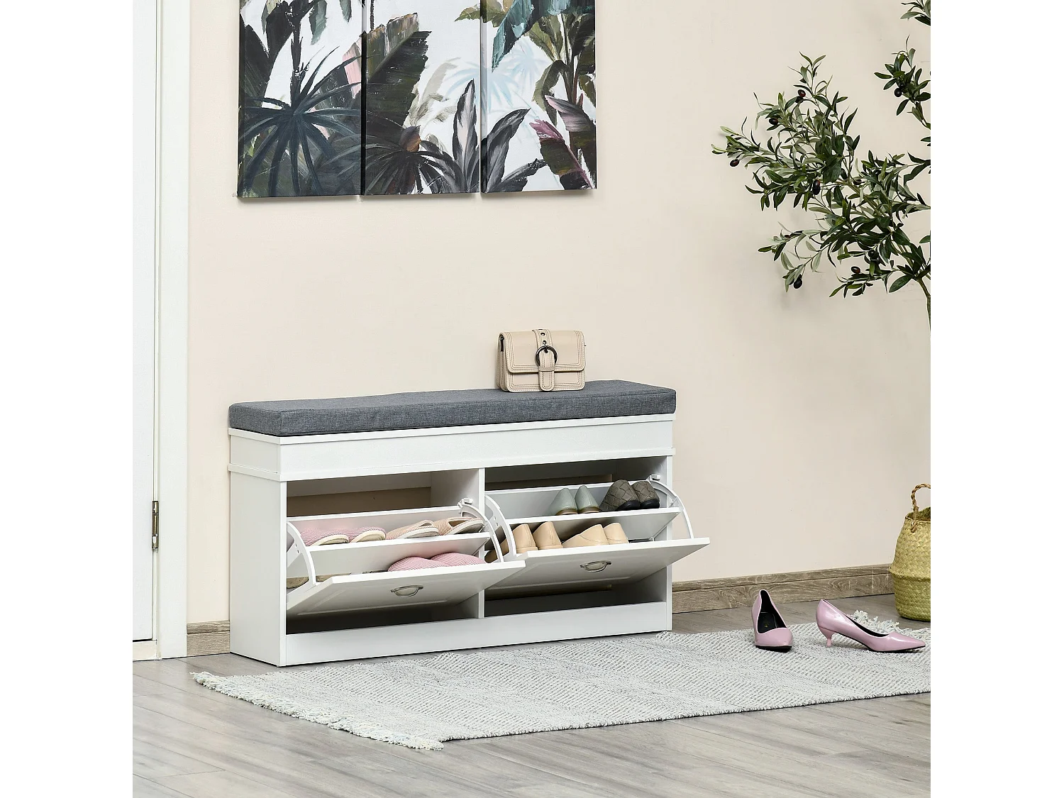 Nedola White Shoe Storage Bench with Cushioned Seat 2 Flip Drawers