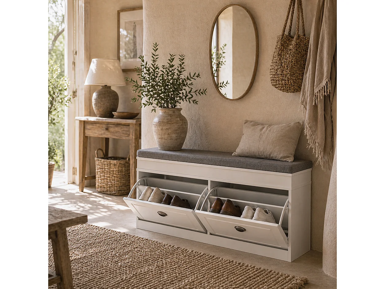 Nedola White Shoe Storage Bench with Cushioned Seat 2 Flip Drawers