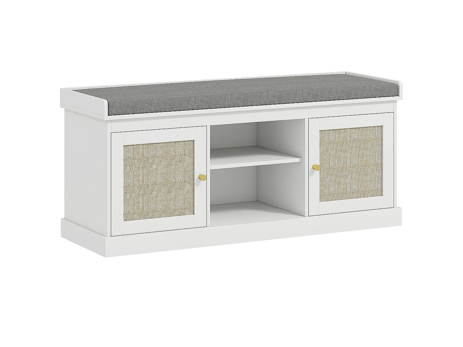 Bafisa White Boho Shoe Bench with Cushioned Seat and Rattan Doors