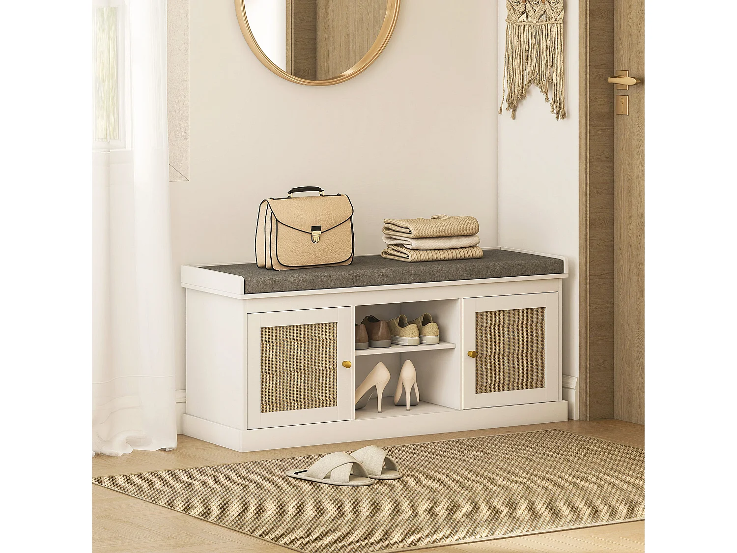 Bafisa White Boho Shoe Bench with Cushioned Seat and Rattan Doors