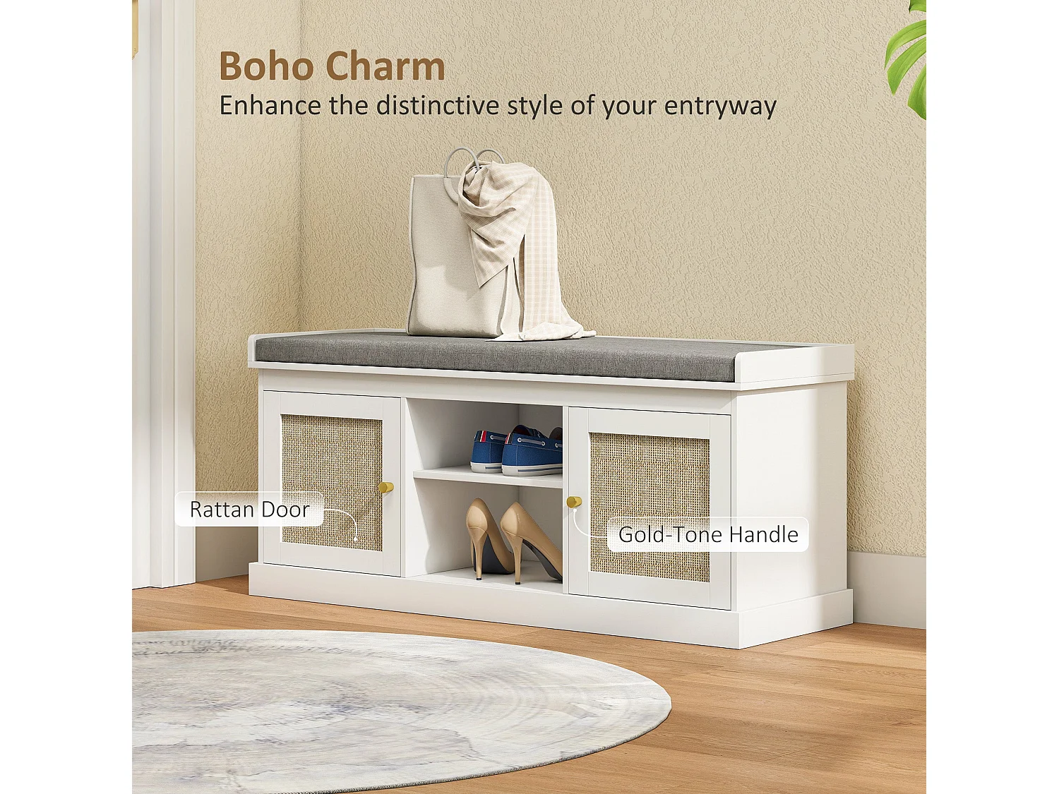 Bafisa White Boho Shoe Bench with Cushioned Seat and Rattan Doors