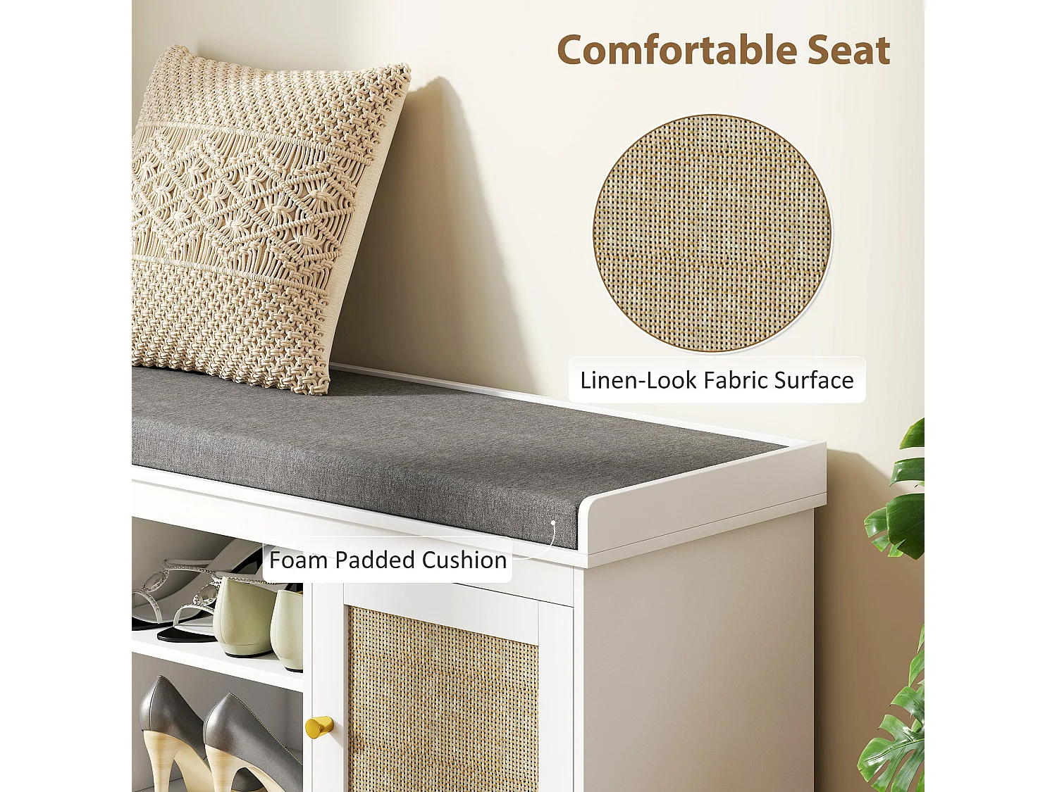 Bafisa White Boho Shoe Bench with Cushioned Seat and Rattan Doors