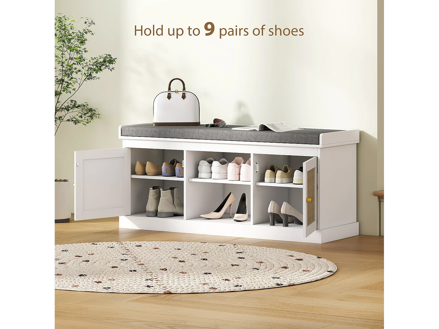 Bafisa White Boho Shoe Bench with Cushioned Seat and Rattan Doors