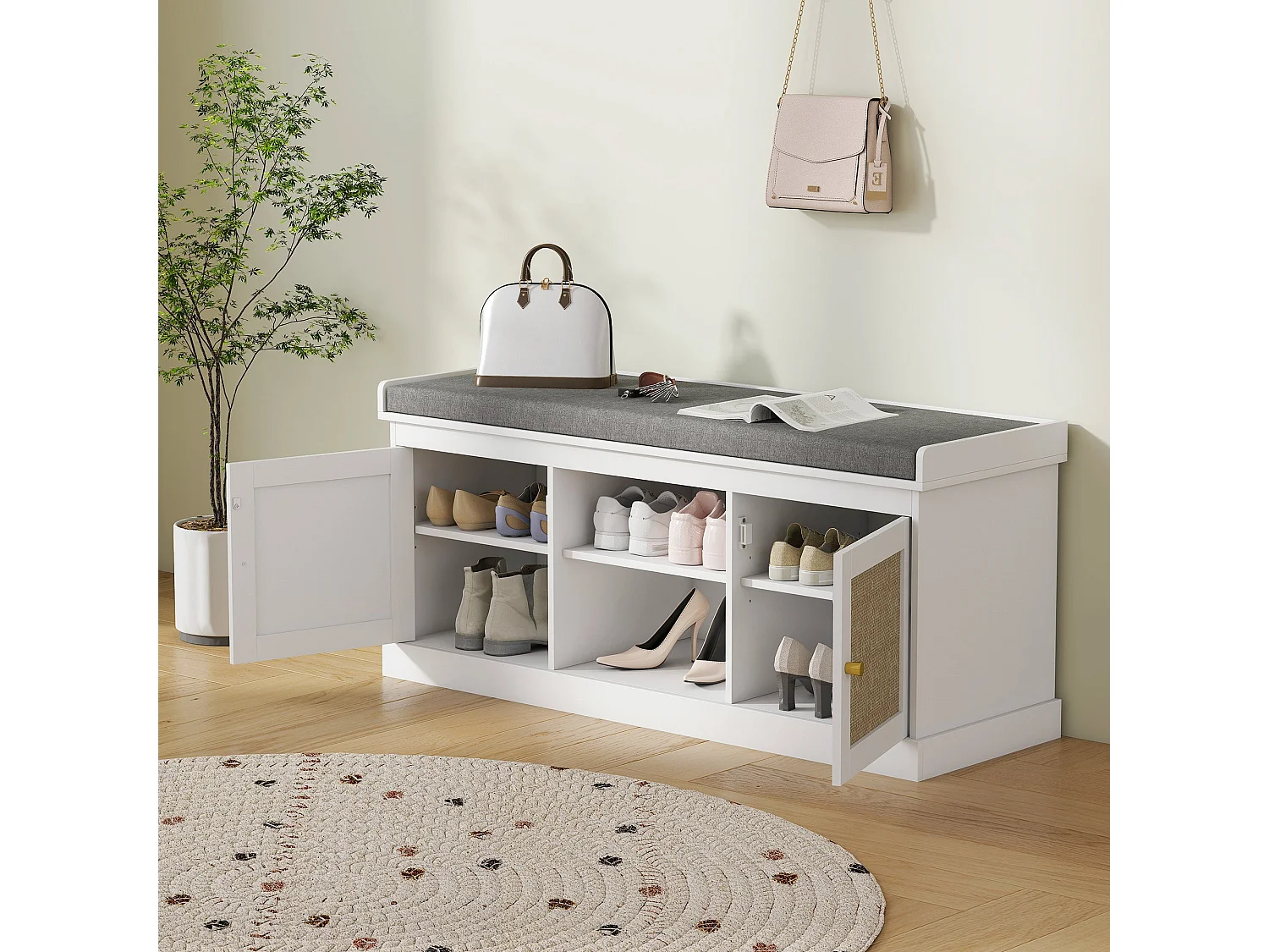 Bafisa White Boho Shoe Bench with Cushioned Seat and Rattan Doors