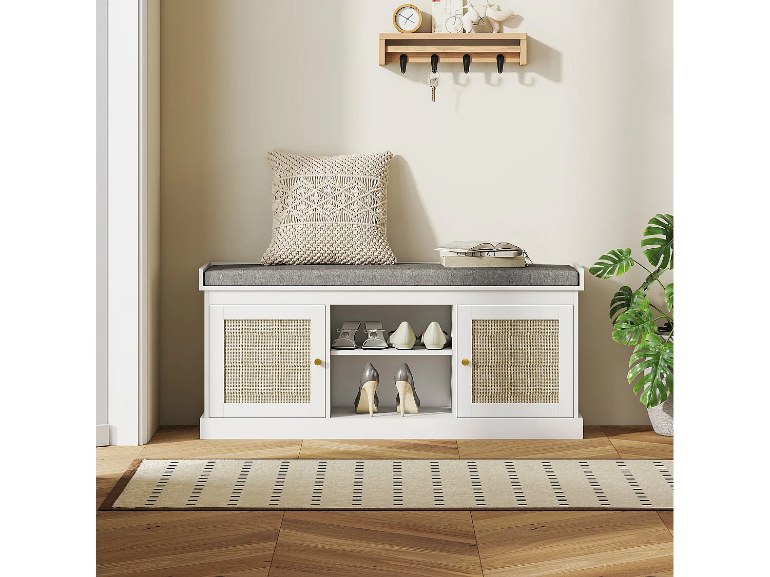 Bafisa White Boho Shoe Bench with Cushioned Seat and Rattan Doors