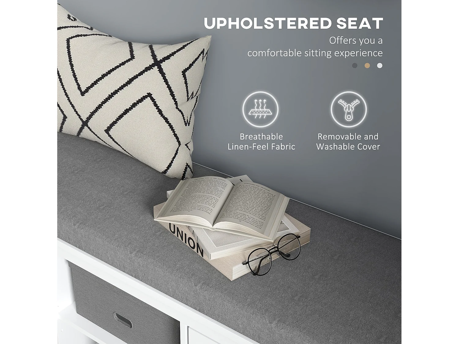 Lire Wooden White and Grey Multi Compartment Shoe Bench with Cushioned Top