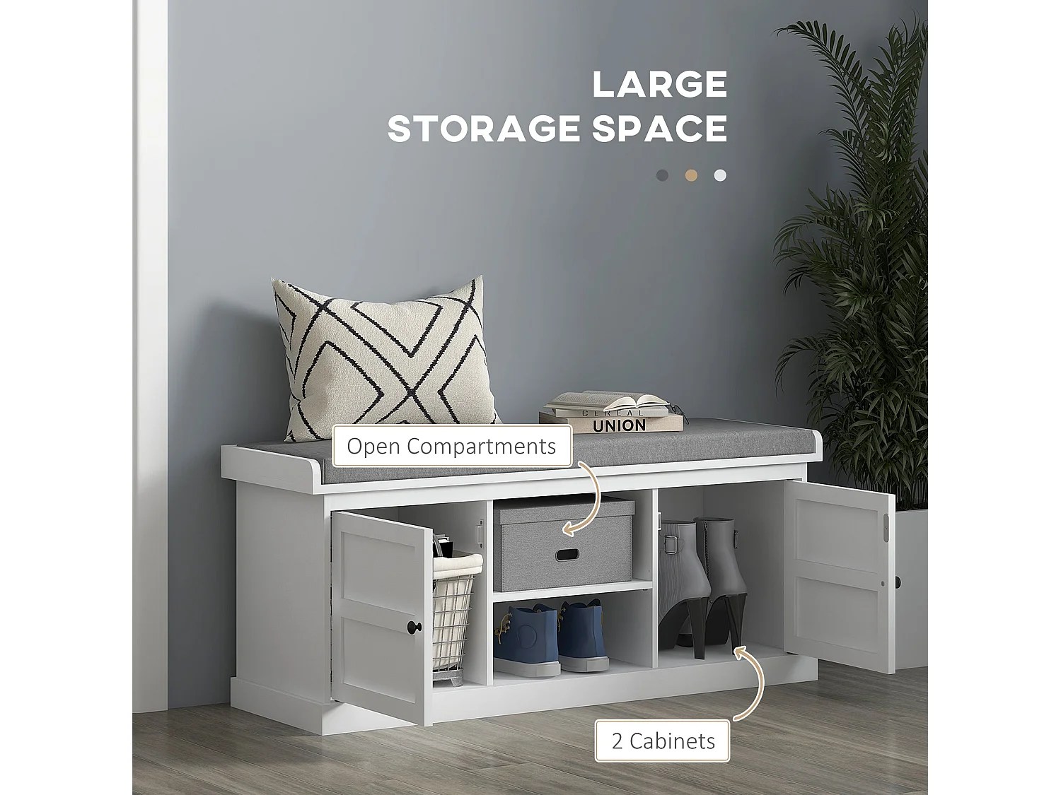 Lire Wooden White and Grey Multi Compartment Shoe Bench with Cushioned Top