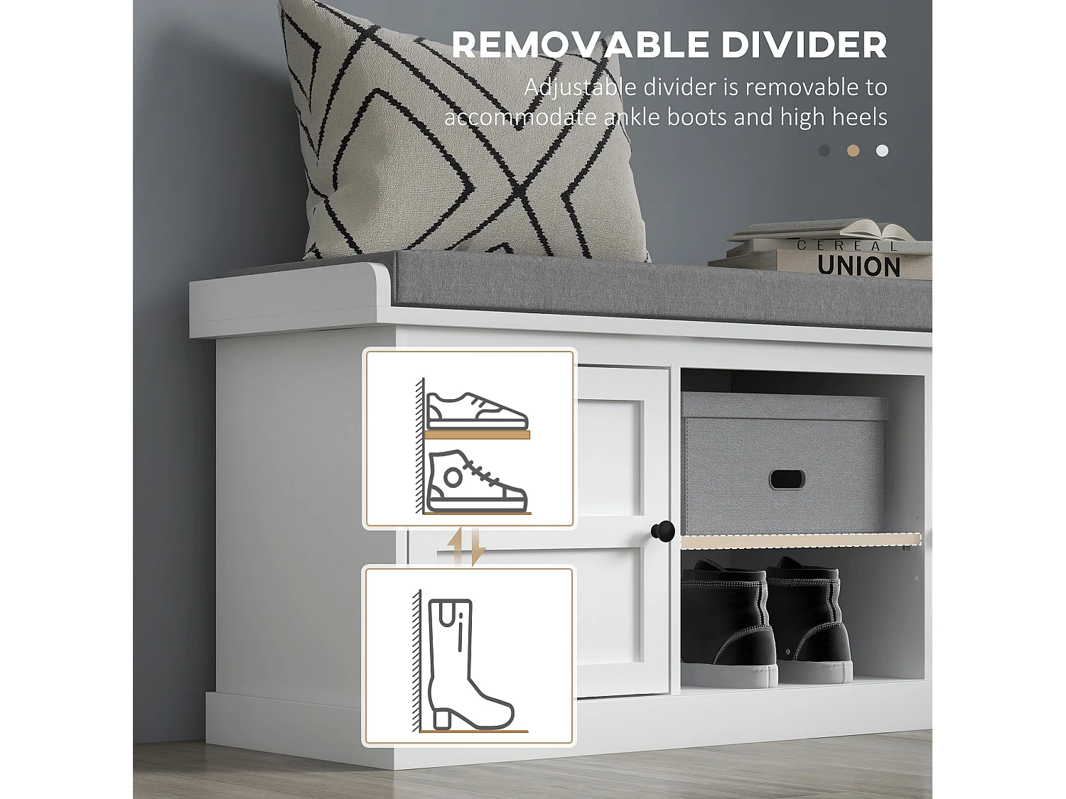 Lire Wooden White and Grey Multi Compartment Shoe Bench with Cushioned Top