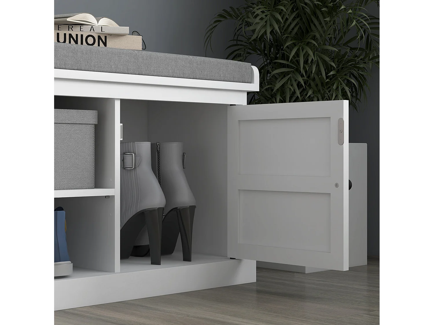 Lire Wooden White and Grey Multi Compartment Shoe Bench with Cushioned Top