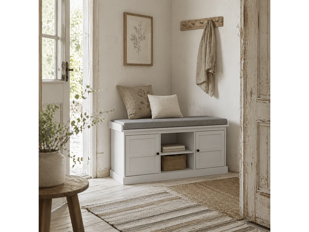 Lire Wooden White and Grey Multi Compartment Shoe Bench with Cushioned Top