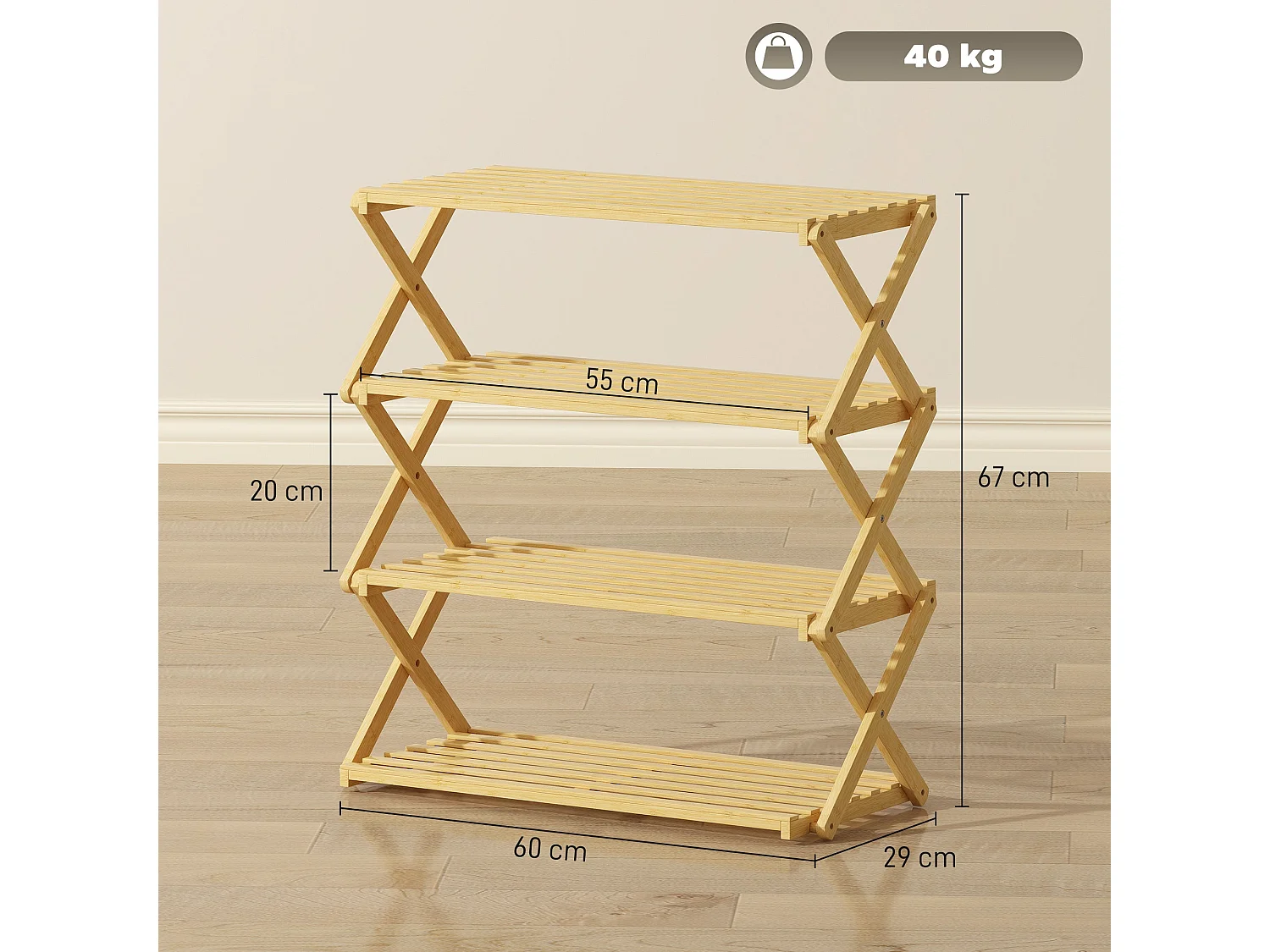 Taseyo Sori Natural Bamboo 4 Tier Folding Shoe Rack