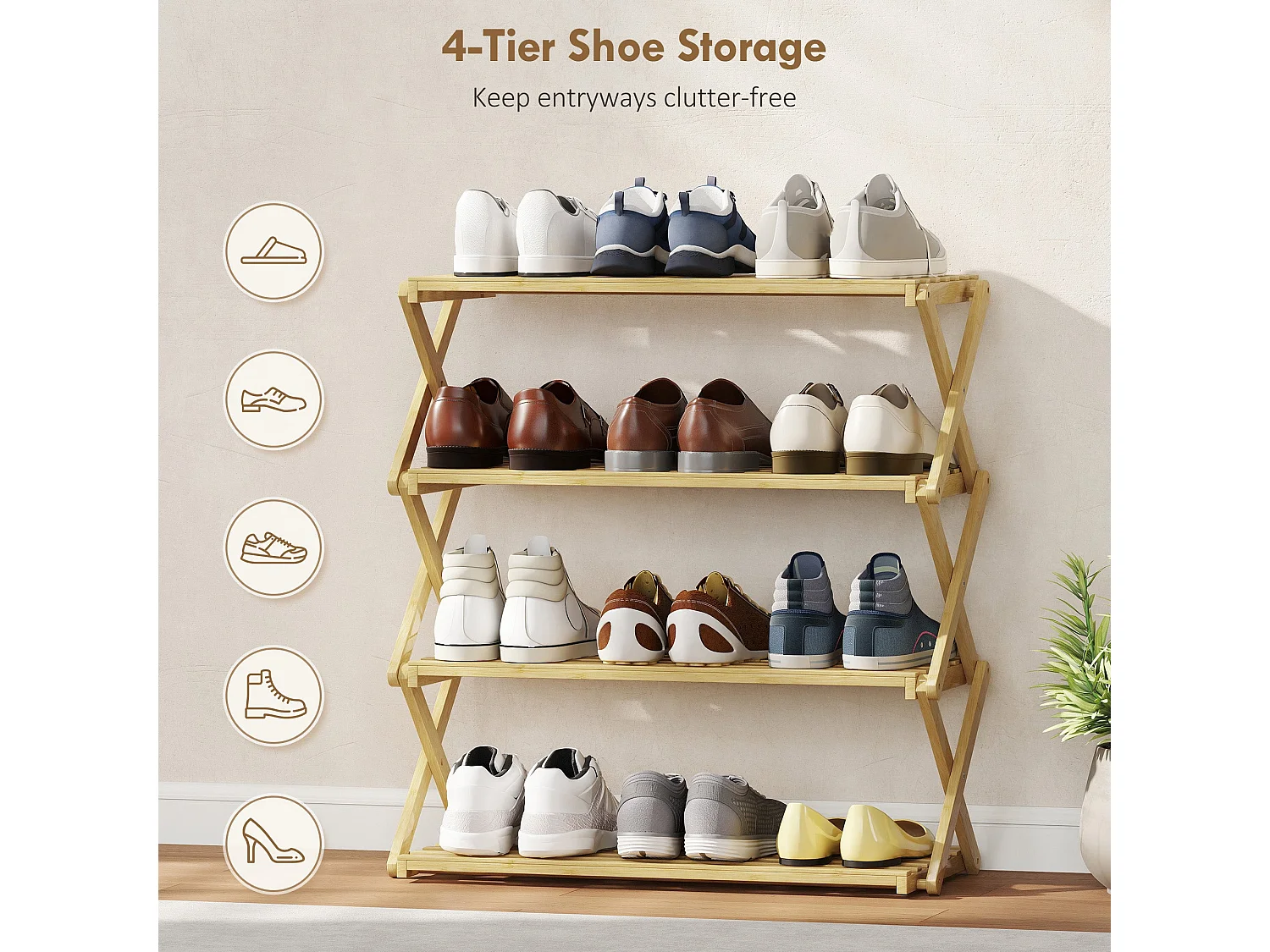 Taseyo Sori Natural Bamboo 4 Tier Folding Shoe Rack