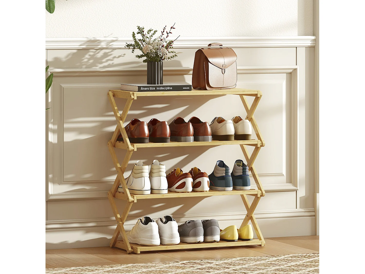 Taseyo Sori Natural Bamboo 4 Tier Folding Shoe Rack