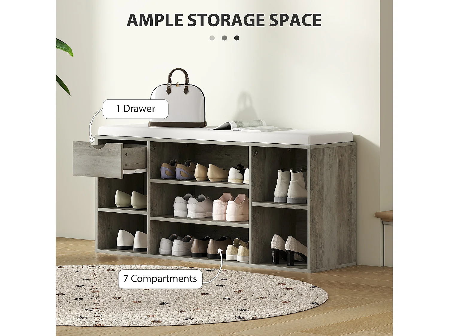 Neba Grey Shoe Storage Bench with Cushioned Linen Effect Seat