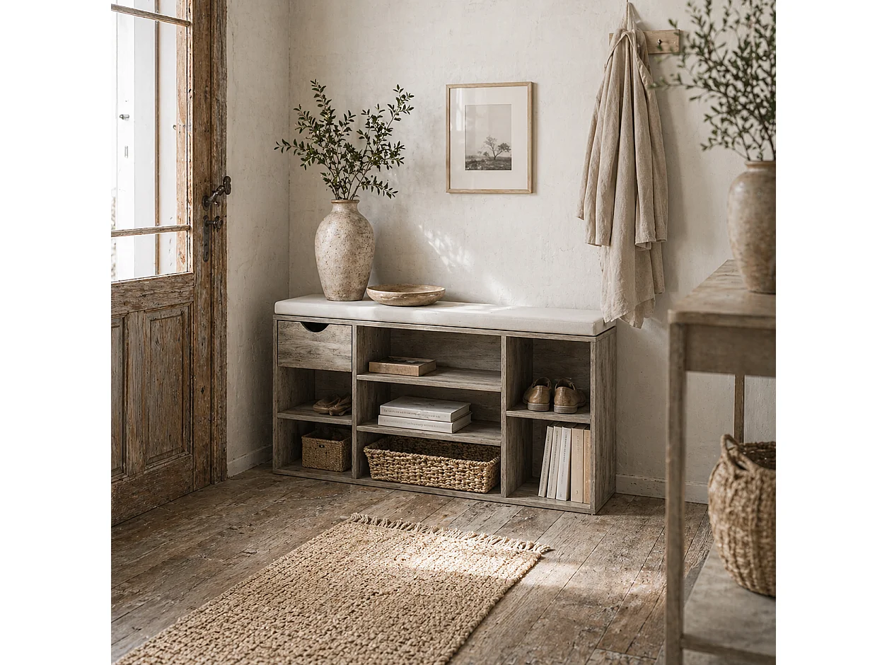 Neba Grey Shoe Storage Bench with Cushioned Linen Effect Seat