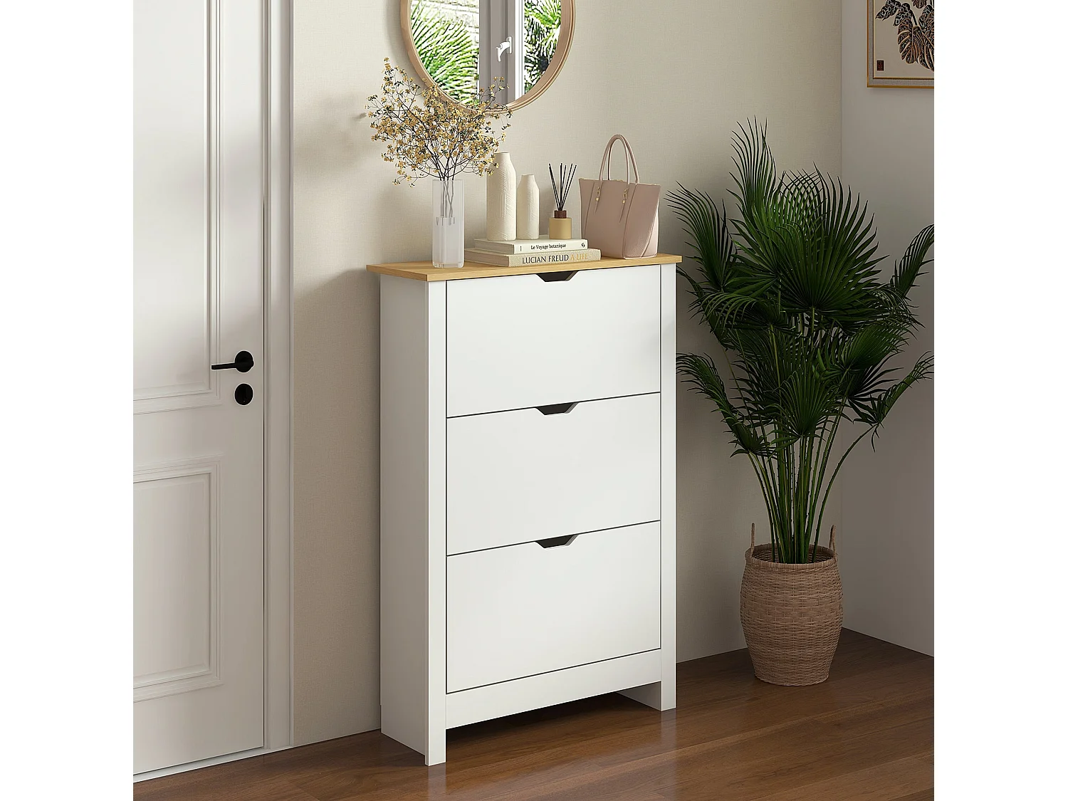 Rokeha Narrow Shoe Cupboard 3 Tilt Out Drawers White and Natural