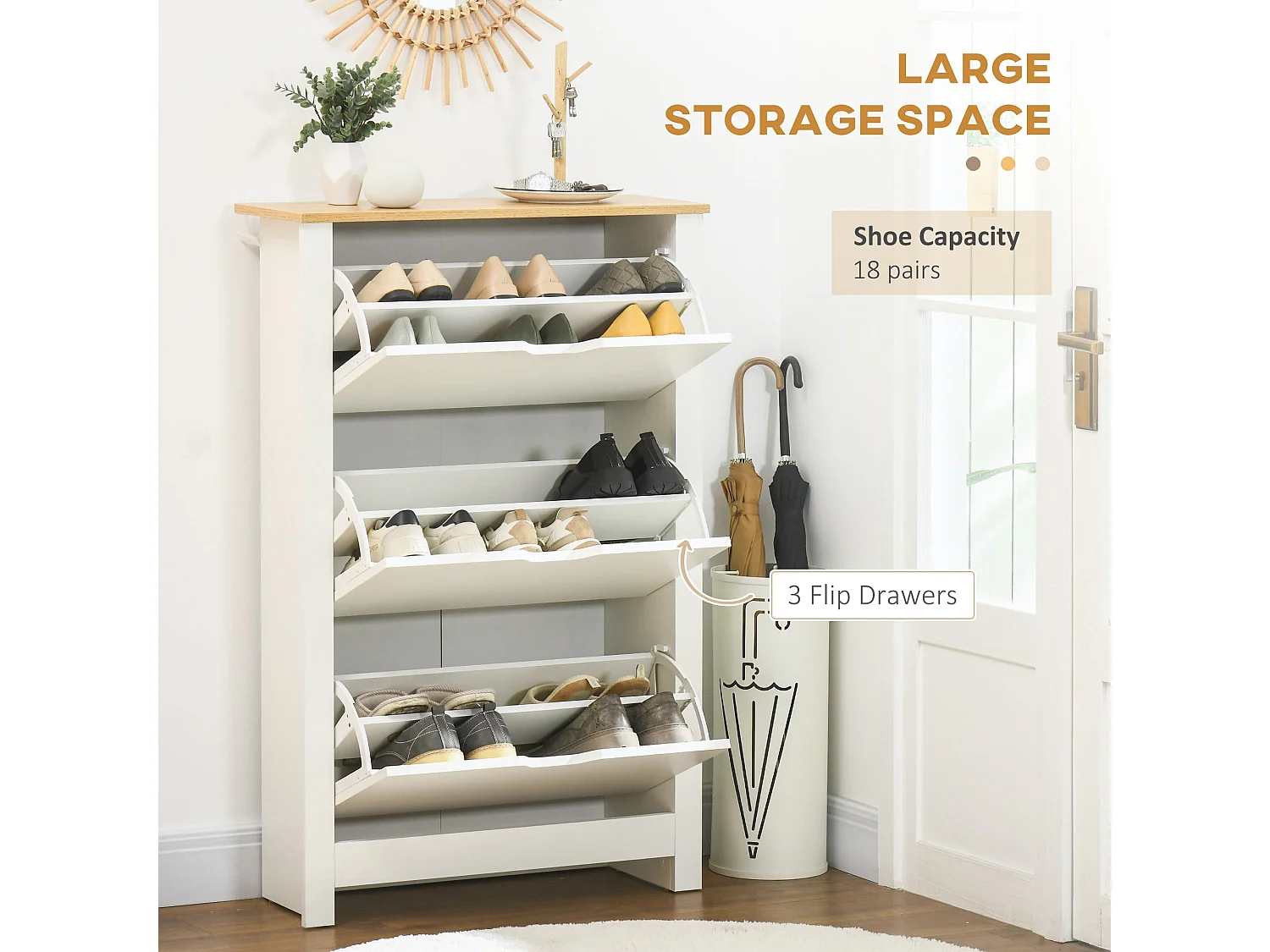Rokeha Narrow Shoe Cupboard 3 Tilt Out Drawers White and Natural