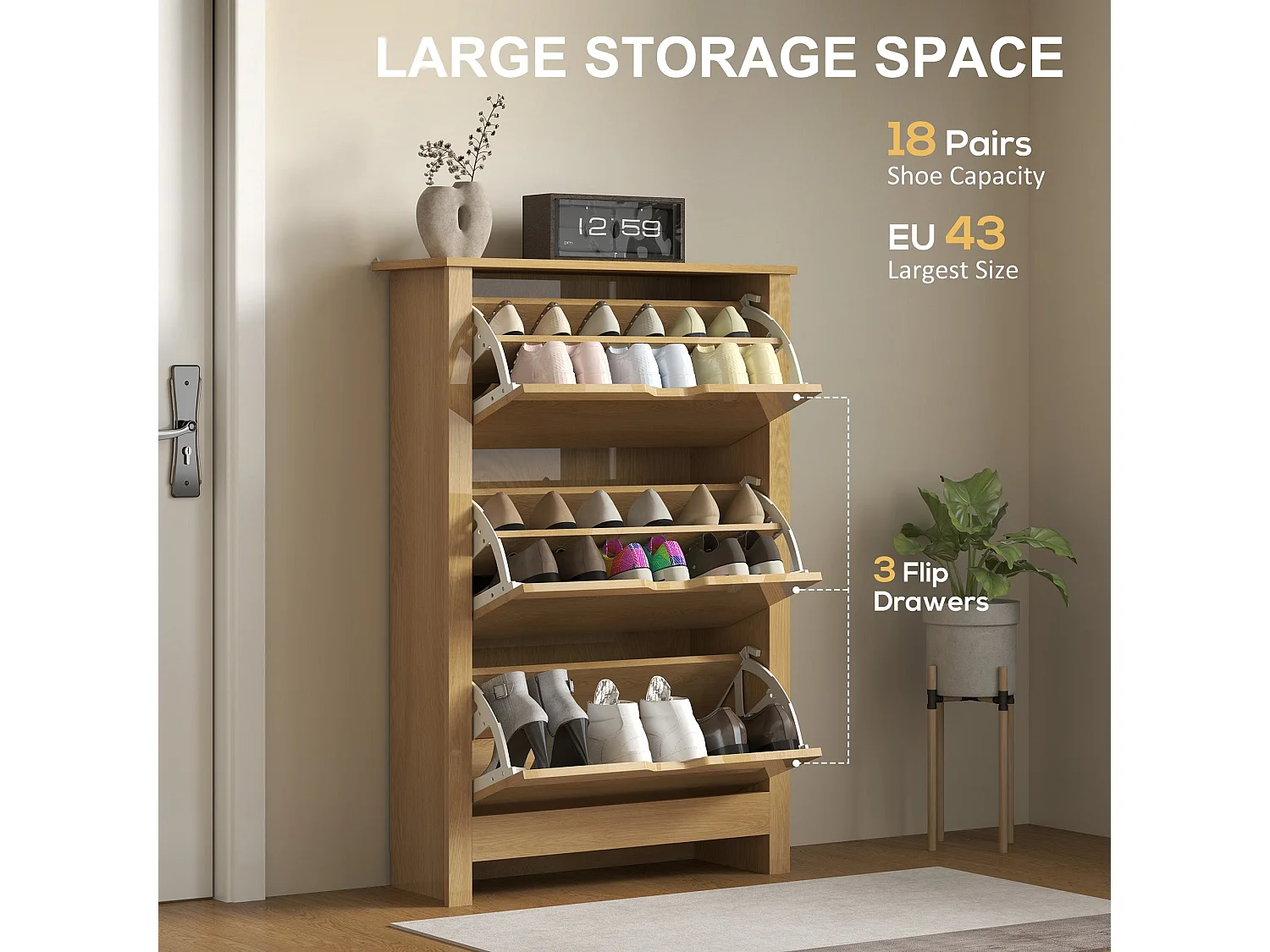 Nesela Slim Shoe Cabinet Natural Wood Finish 3 Flip Drawers for Up to 18 Pairs