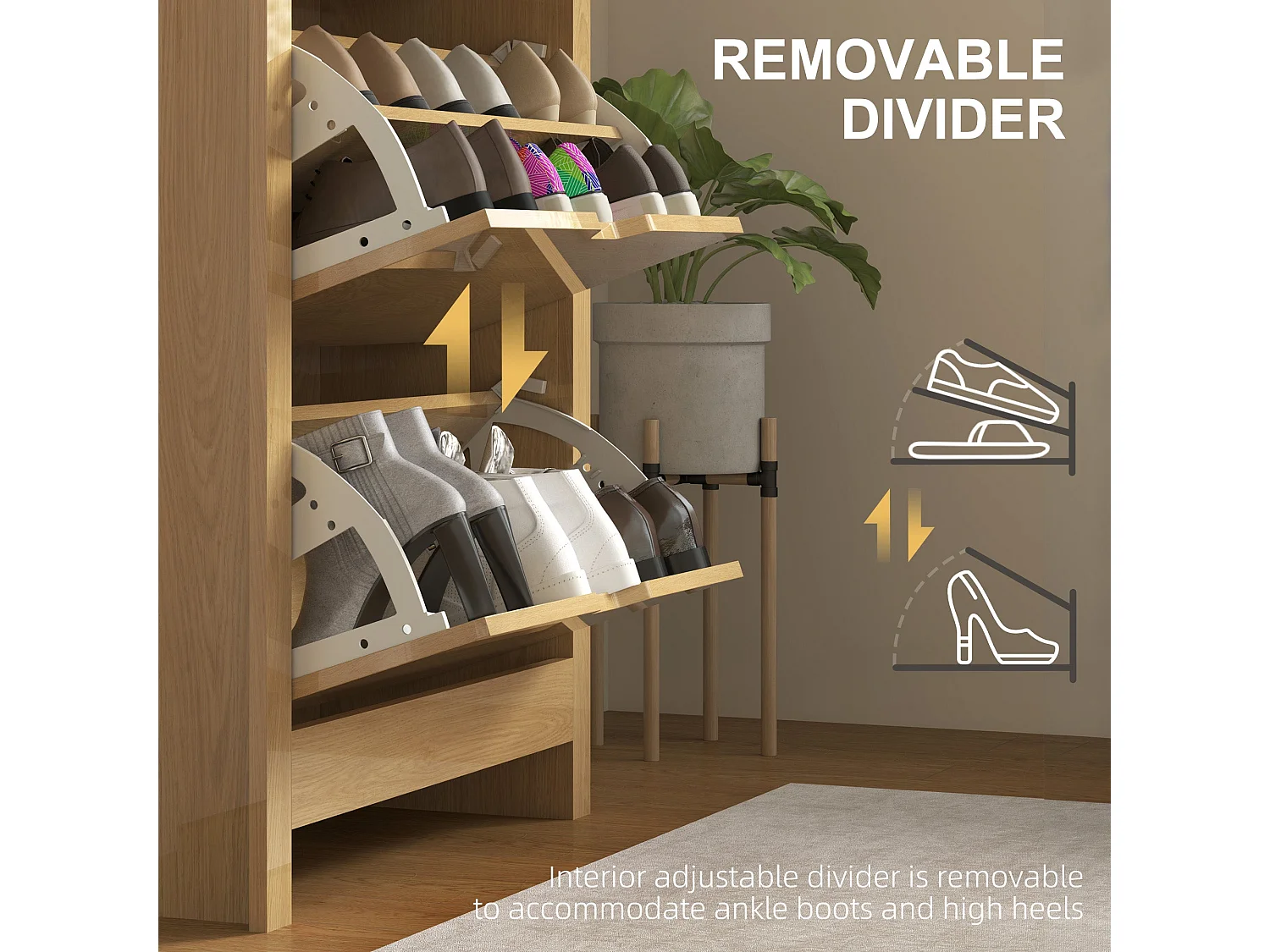 Nesela Slim Shoe Cabinet Natural Wood Finish 3 Flip Drawers for Up to 18 Pairs