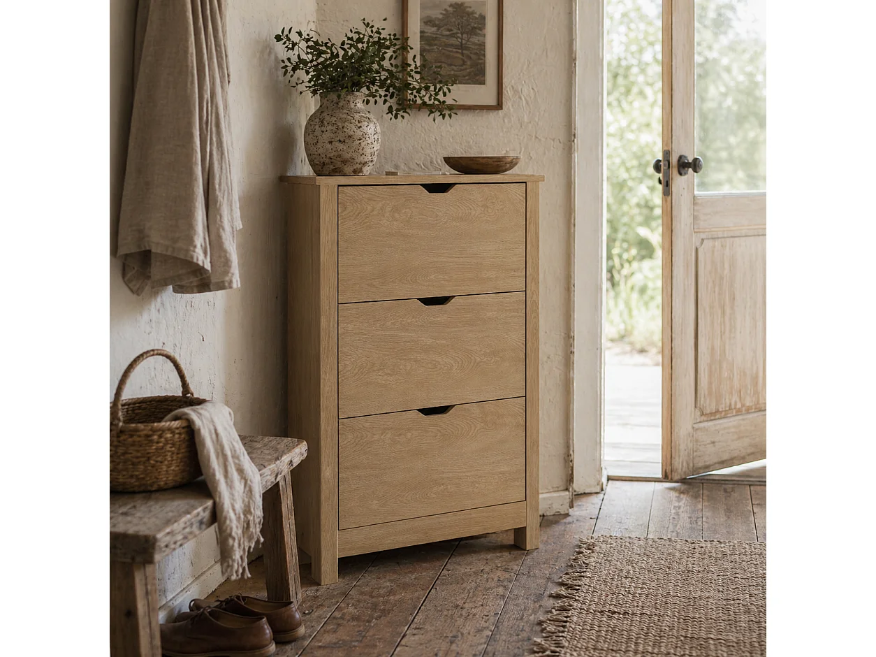 Nesela Slim Shoe Cabinet Natural Wood Finish 3 Flip Drawers for Up to 18 Pairs