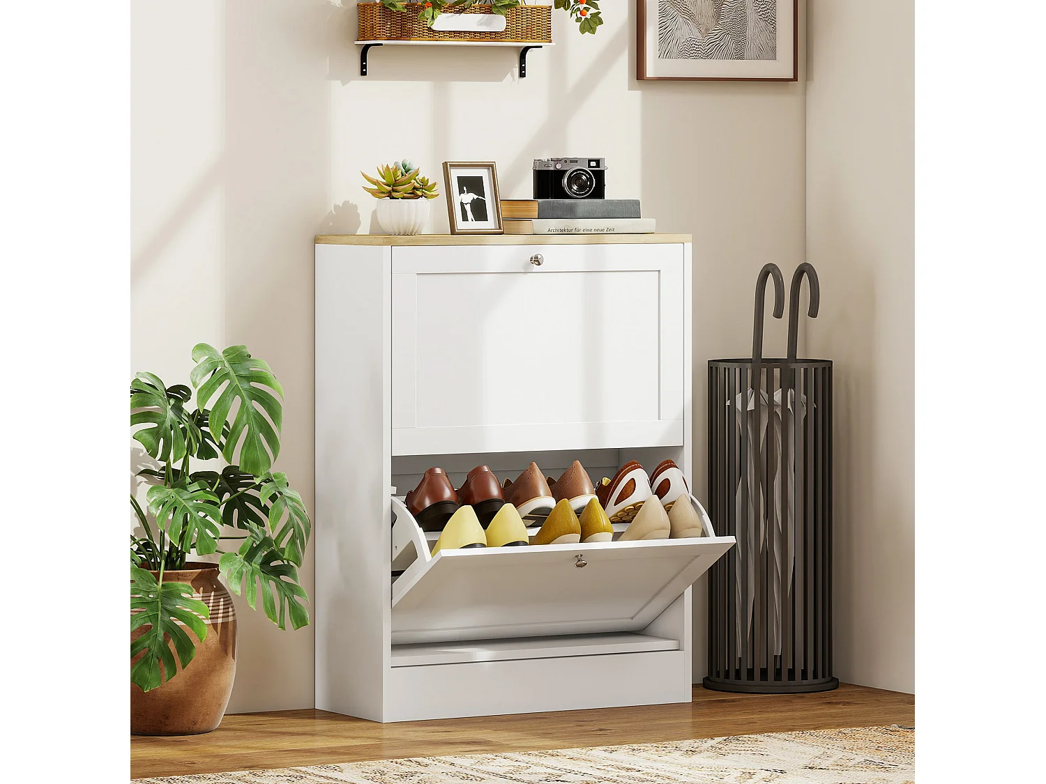 Lori White Shoe Cabinet with Natural Top 2 Flip Drawers Slim 23.5cm Depth