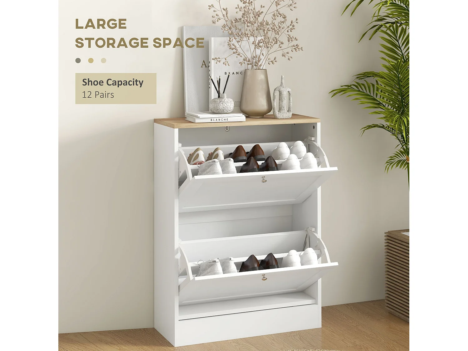 Lori White Shoe Cabinet with Natural Top 2 Flip Drawers Slim 23.5cm Depth
